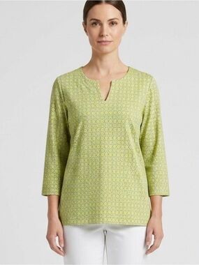 Jones New York Signature Chartreuse Green Geometric Tunic Top Knit L Casual Chic